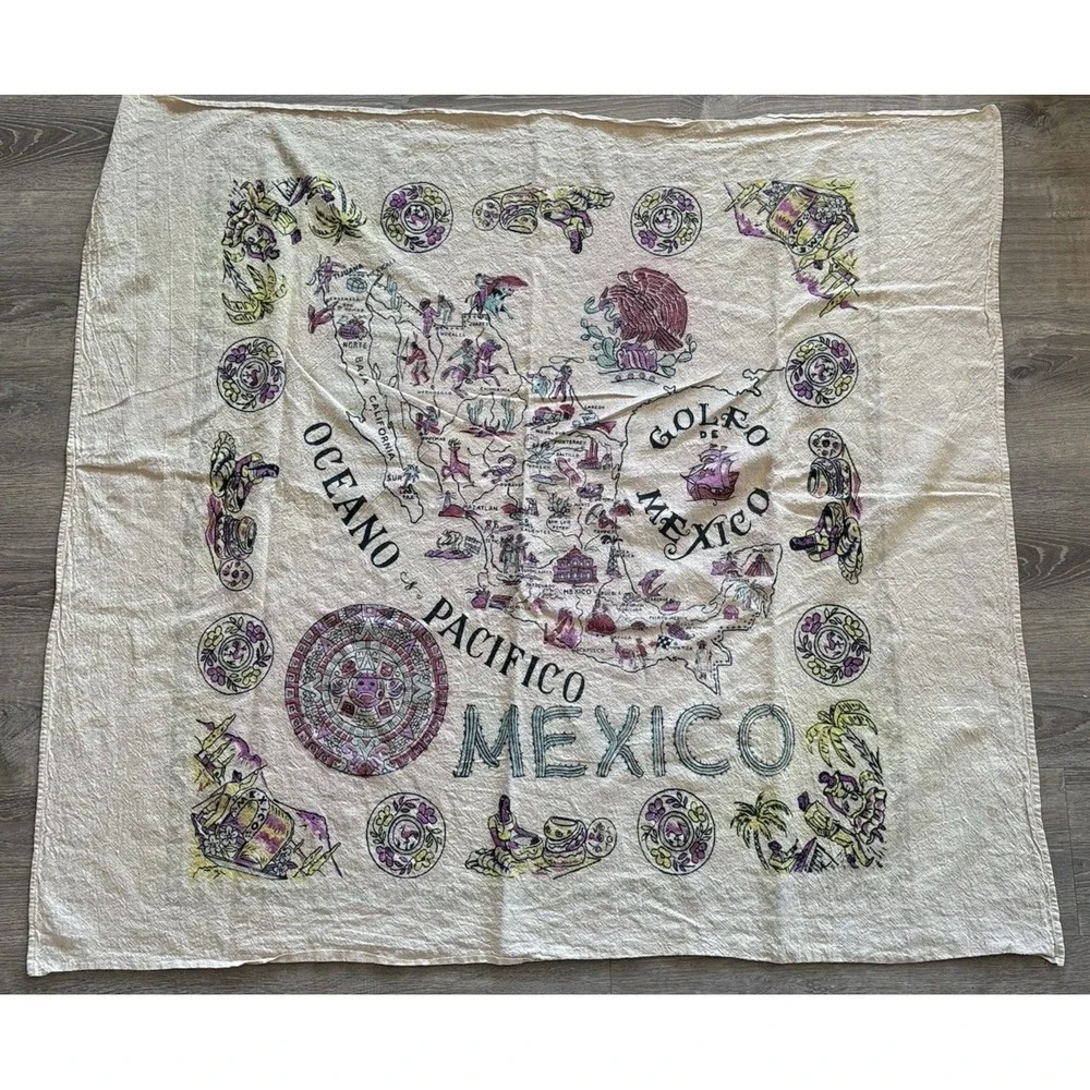 Vintage Mexico Souvenir Tablecloth Map 50x54.5 MCM Wall Hanging Landmarks 1950s‎